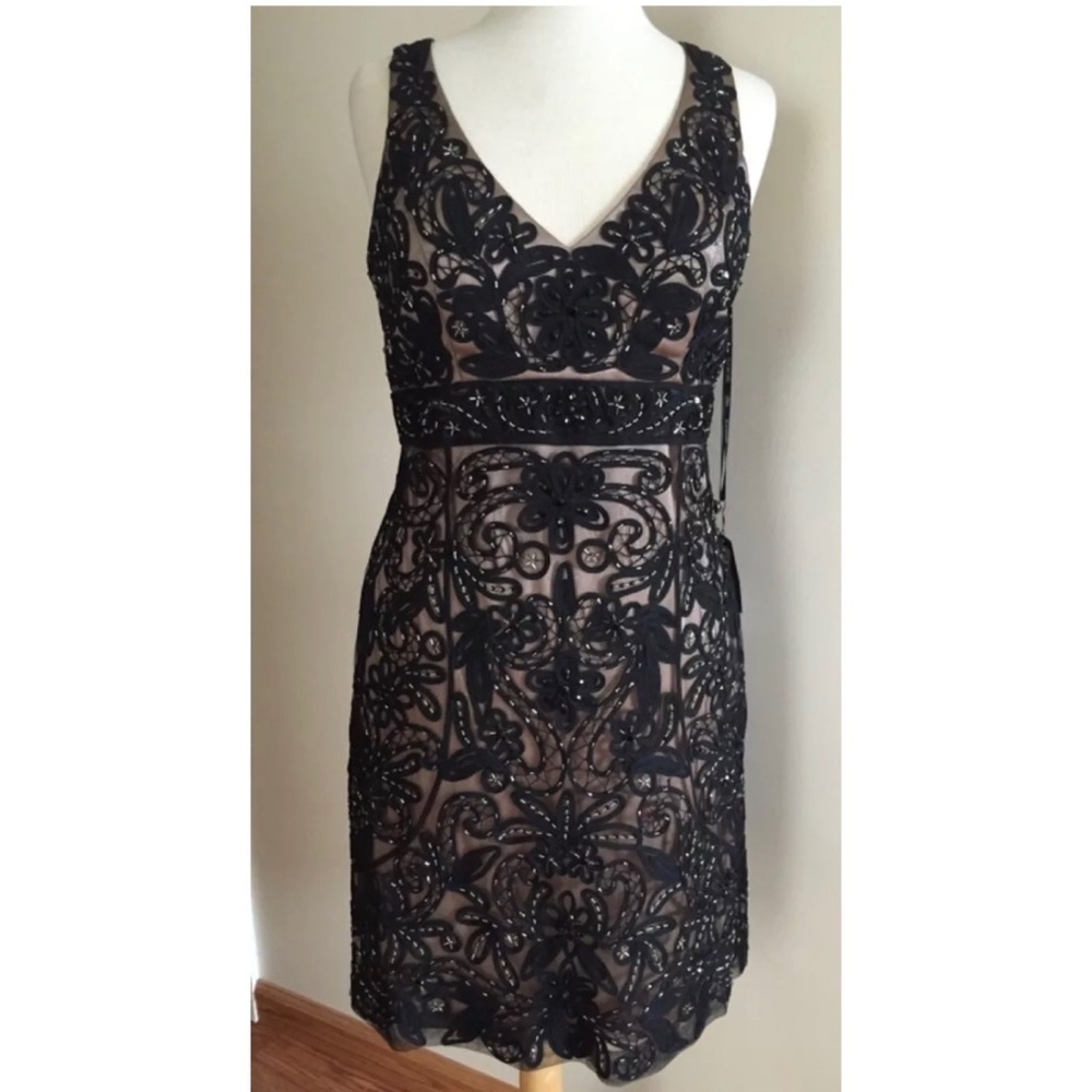 SUE WONG black nude beaded embroidered cocktail formal dress 2